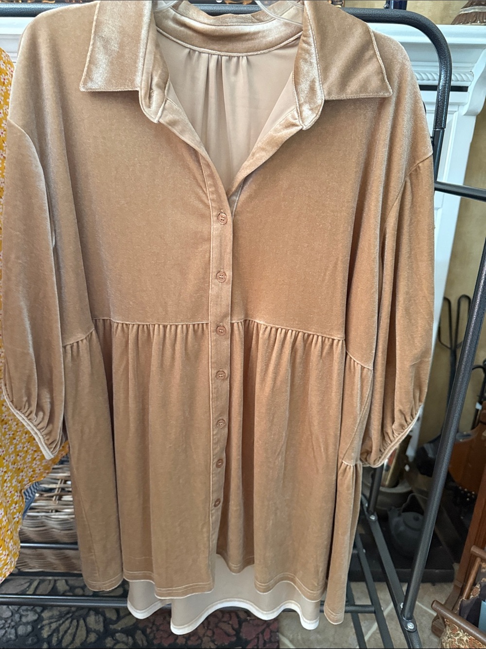 Women's Tan Velvet Button-Front Tunic Top 0071